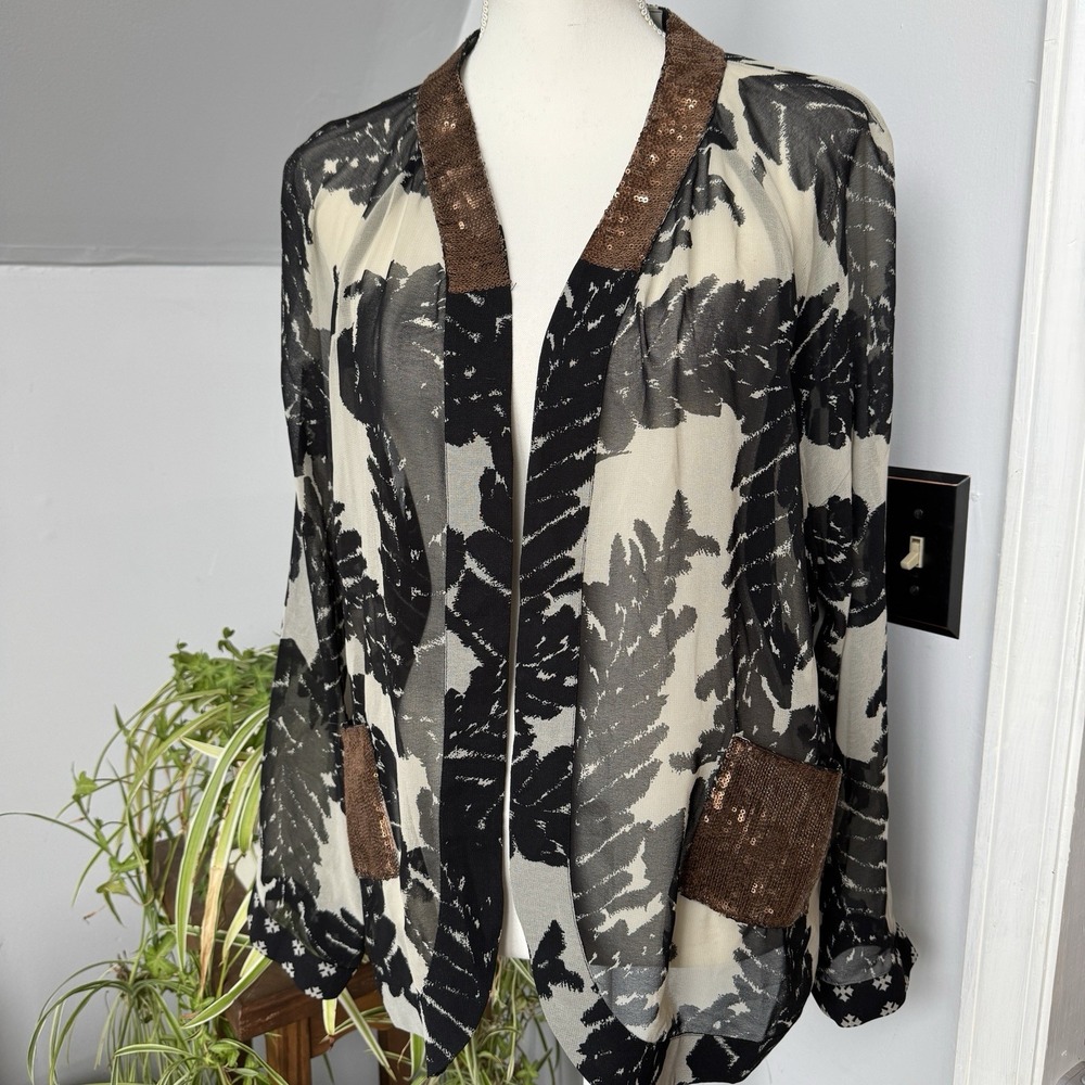 Soft Surroundings 1X Black Cream Copper Sequin Sheer Dressy Cardigan Palm Print